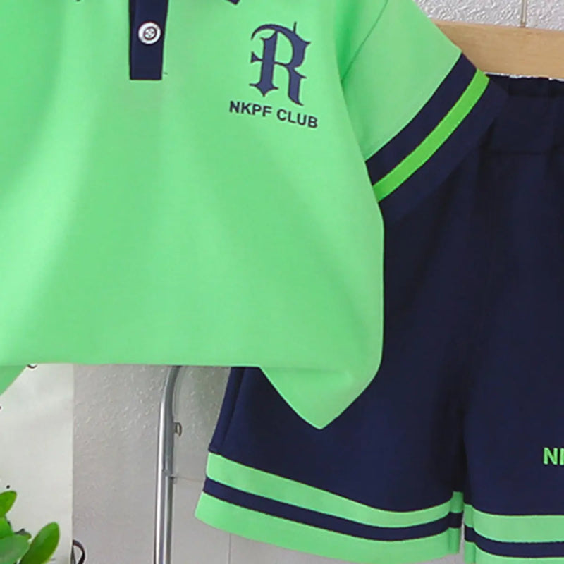 Boys Green Typographic Printed Polo T-Shirt With Elasticated Shorts Sets 2 pc. Sets