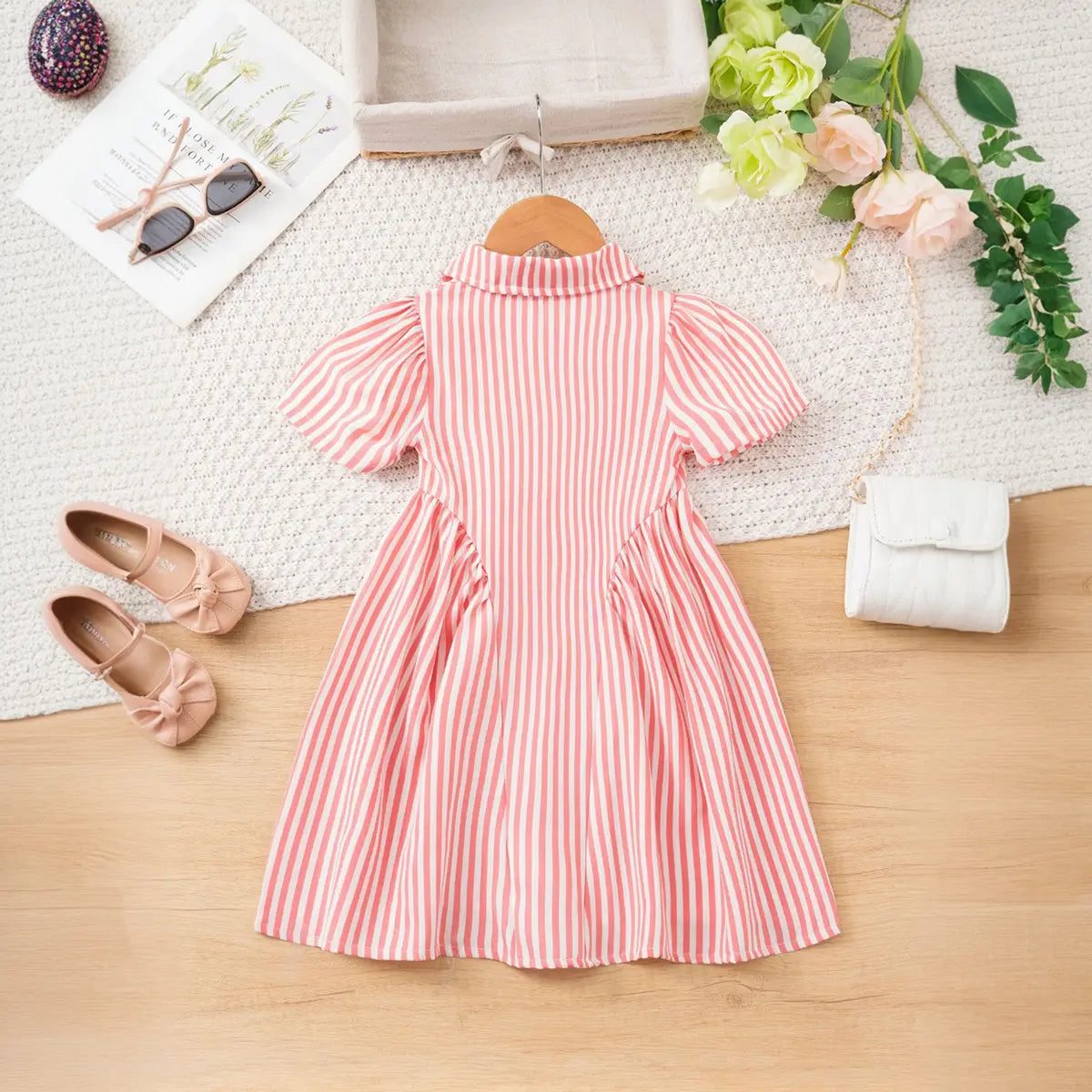 Girls Pink Stripes Button-Down A-line Dress With Short Sleeves Casual Dresses