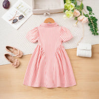 Girls Pink Stripes Button-Down A-line Dress With Short Sleeves Casual Dresses