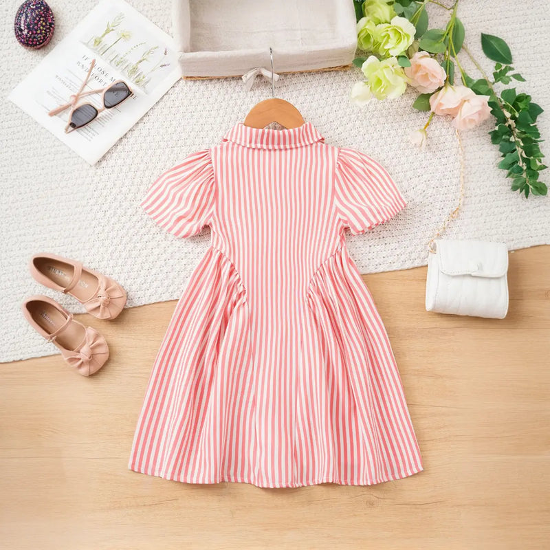 Girls Pink Stripes Button-Down A-line Dress With Short Sleeves Casual Dresses