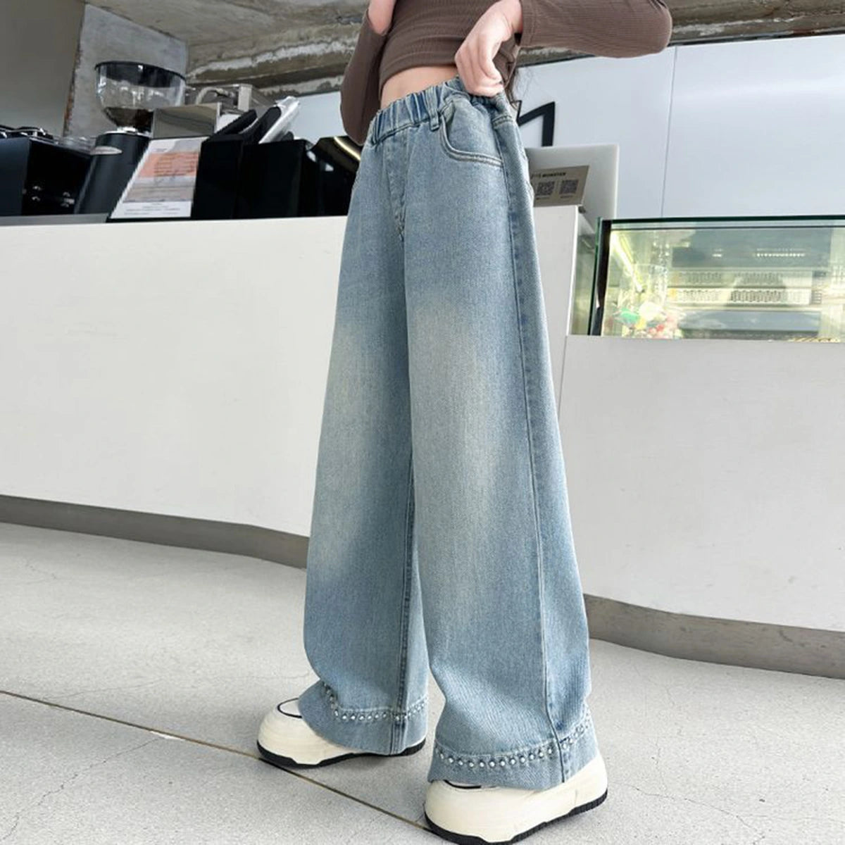 Girls Light Blue Embellished Loose Fit Denim Jeans Pants