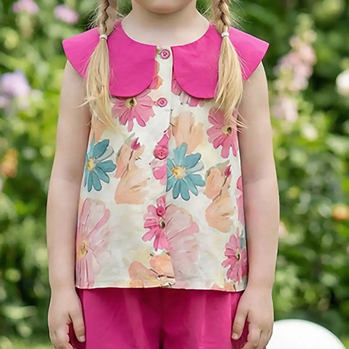 Girls Pink Floral Print Sleeveless Top With Elasticated Hem Pants Set Sets