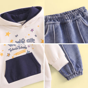 Girls Blue Star Print Typographic Sweatshirt & Pants Sets Sets