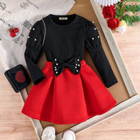 Girls Black Beaded Puff Sleeves Top With Bow Pleated Skirt Sets Sets