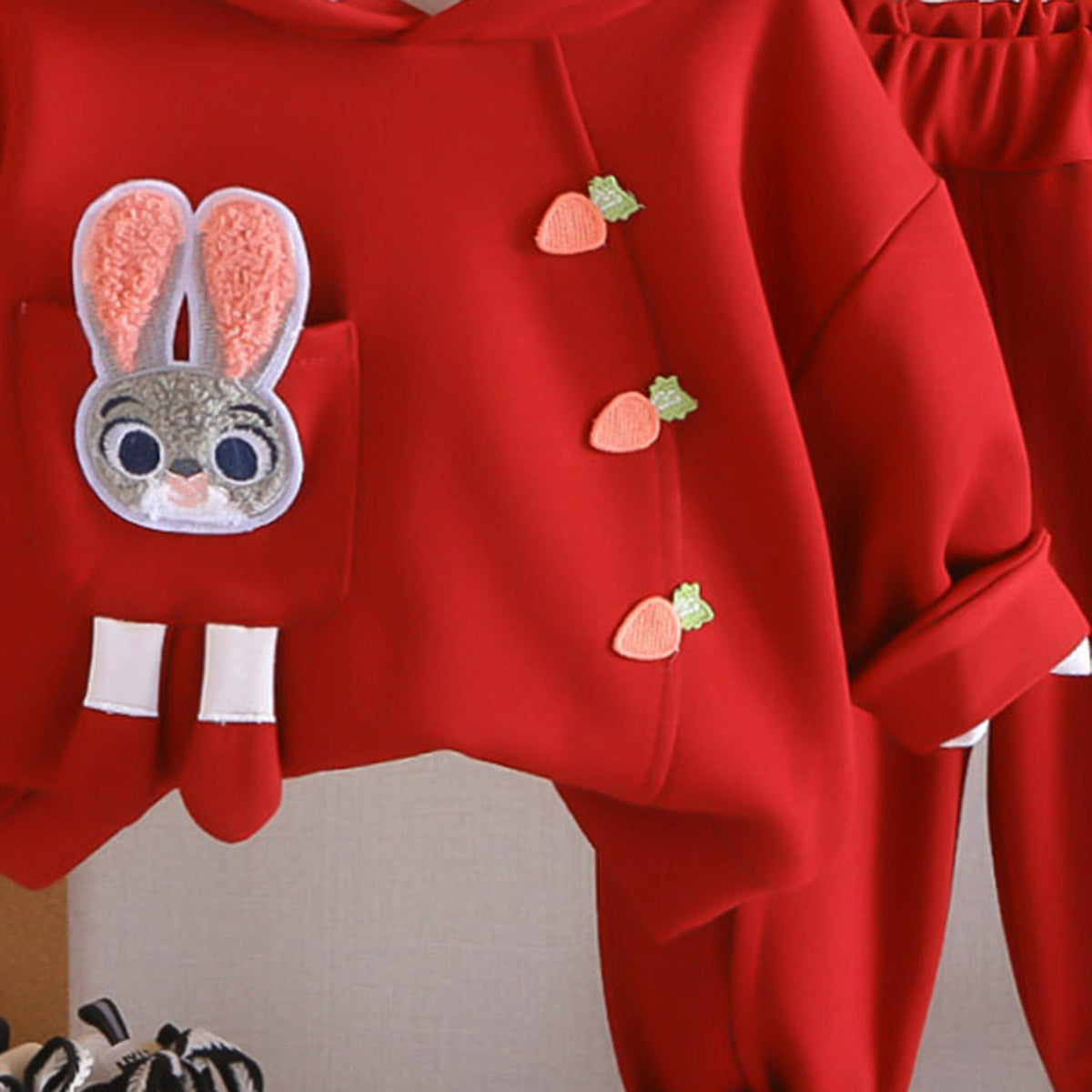 Girls Red Solid Rabbit Applique Hooded Sweatshirt With joggers Set 2 pc. Sets