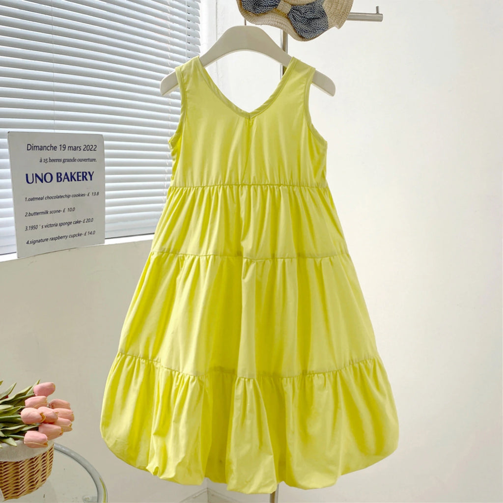 Girls Yellow Sleeveless V-Neck Balloon Dress Casual Dresses