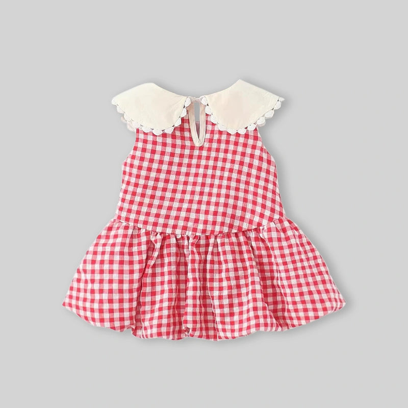 Girls Red Checked Fit & Flare Dress With Bubble Hemline Casual Dresses