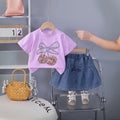 Girls Purple Cherry Embellished T-Shirt With Pleated Denim Shorts Set Sets Purple 1-2 Y