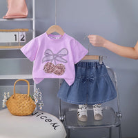Girls Purple Cherry Embellished T-Shirt With Pleated Denim Shorts Set Sets Purple 1-2 Y