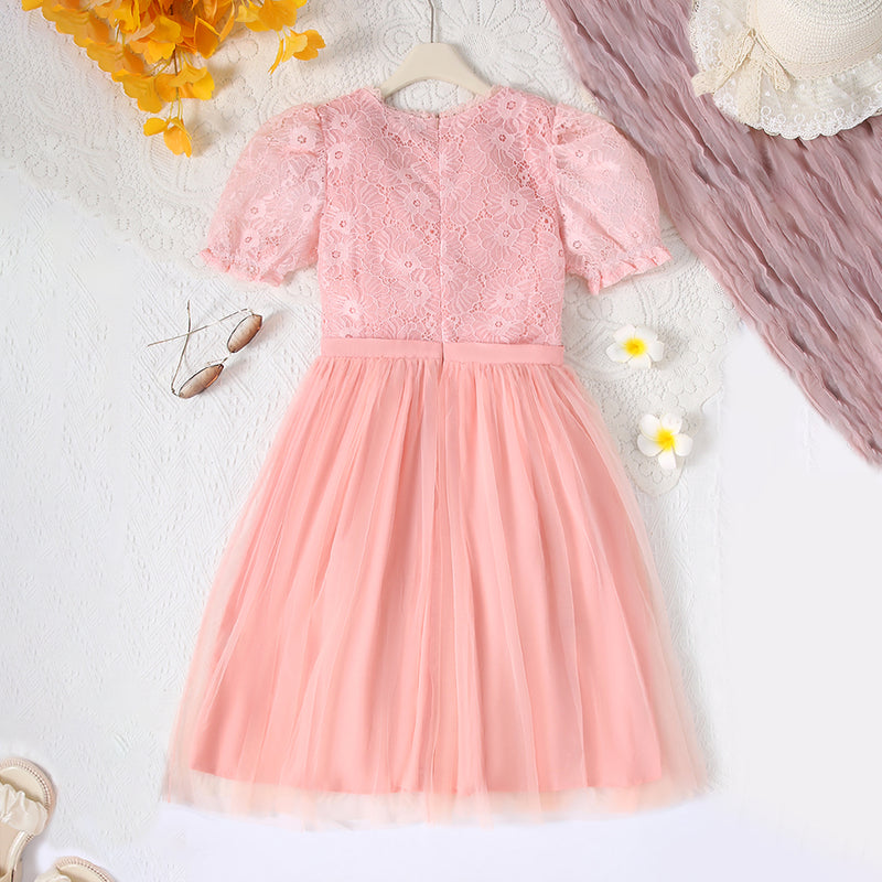 Peach Floral Lace Bodice Tulle Overlay Dress Casual Dresses