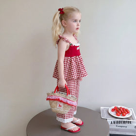 Girls Red Checked Sleeveless Top With Pants Sets 2 pc. Sets