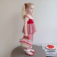 Girls Red Checked Sleeveless Top With Pants Sets 2 pc. Sets