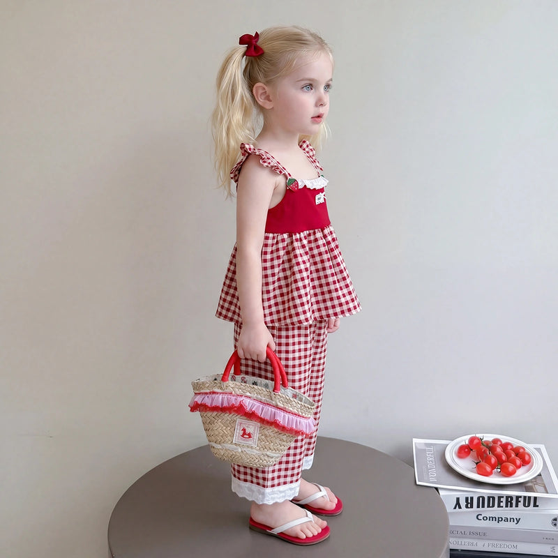 Girls Red Checked Sleeveless Top With Pants Sets 2 pc. Sets
