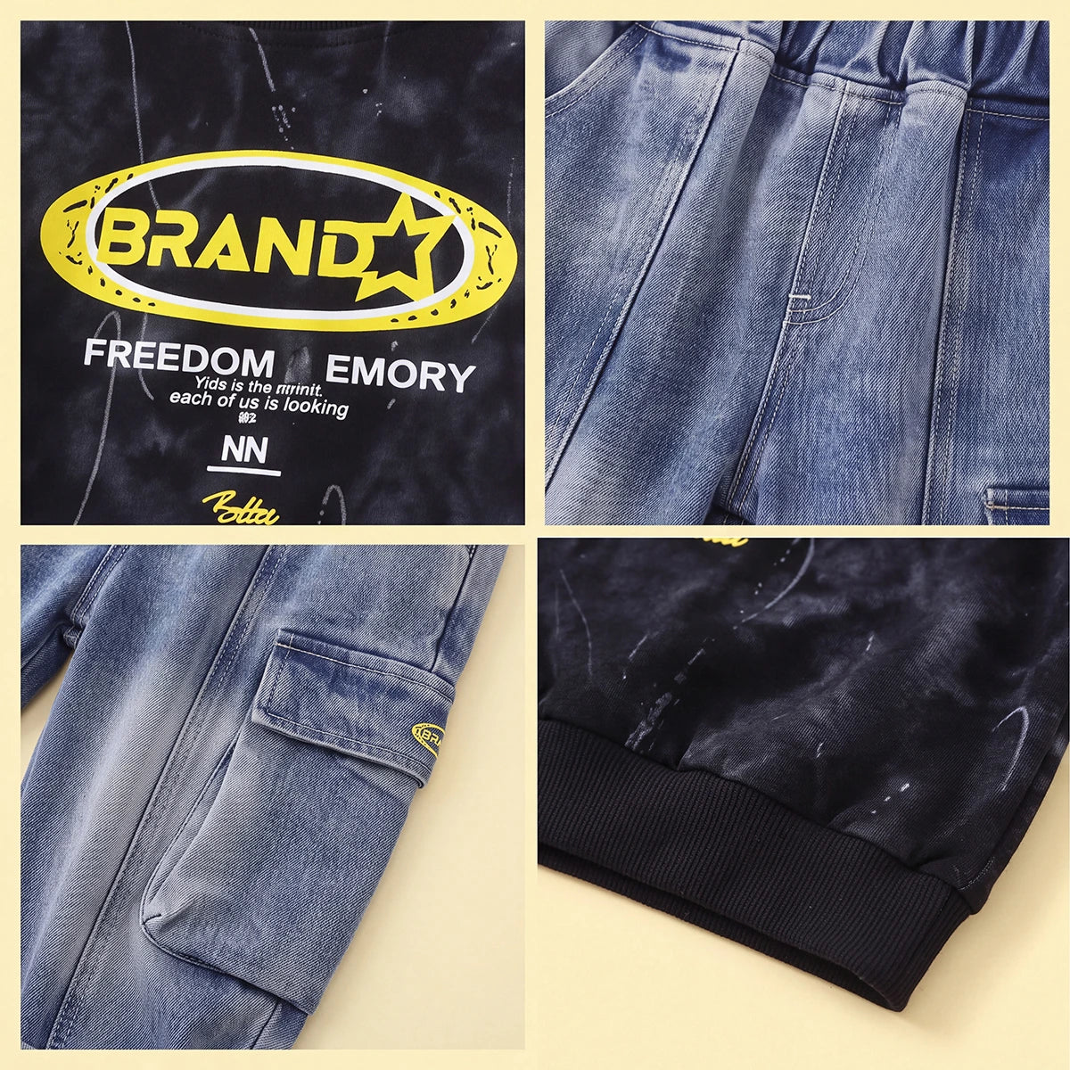 Boys Black Typographic Sweatshirt & Denim Cargo Pants Sets Sets