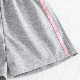 Girls Light Grey Typographic Print Raglan Sleeve T-Shirt With Shorts Sets 2 pc. Sets