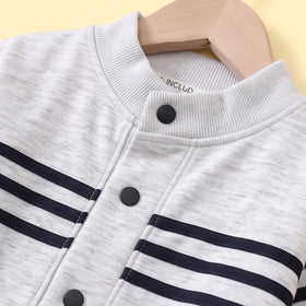 Boys Light Grey Striped Jacket With Denim Pants Sets Sets