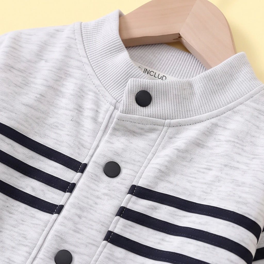 Boys Light Grey Striped Jacket With Denim Pants Sets Sets