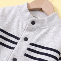 Boys Light Grey Striped Jacket With Denim Pants Sets Sets