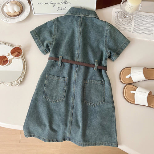 Girls Blue Short Sleeve Button Front Denim Dress Casual Dresses