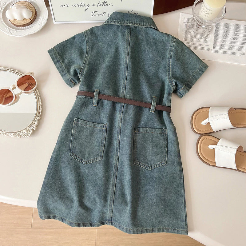 Girls Blue Short Sleeve Button Front Denim Dress Casual Dresses