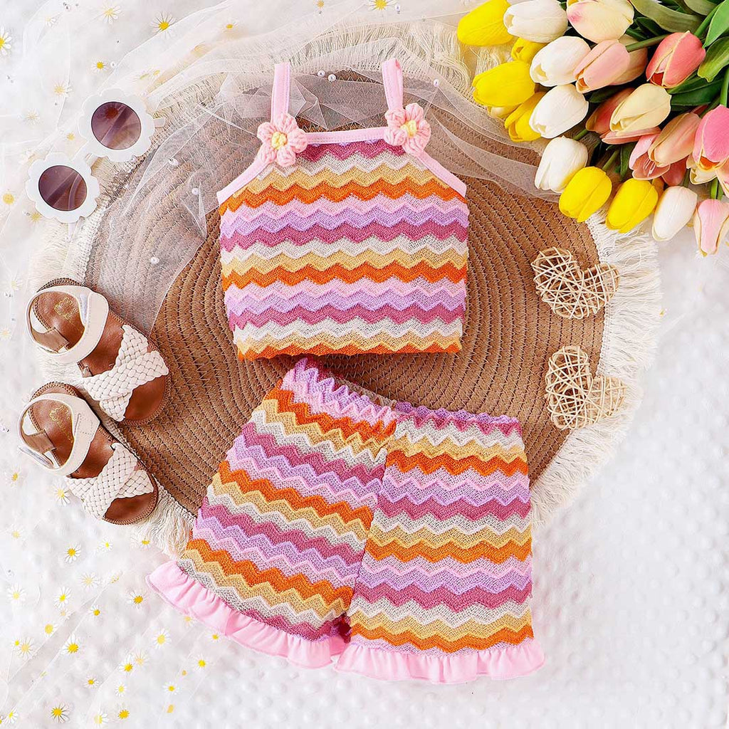 Girls Sleeveless Multicolor Top With Shorts Set