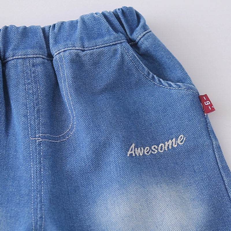 Boys Light Brown Typographic Print T-Shirt With Denim Shorts Set Sets