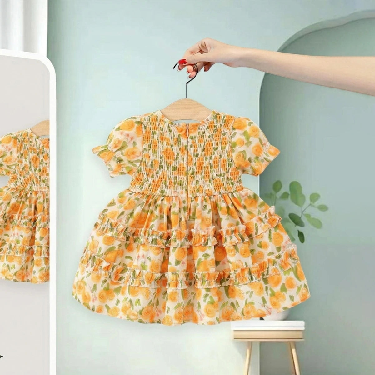 Girls Yellow Floral Printed Tiered Fit & Flare Dress Casual Dresses