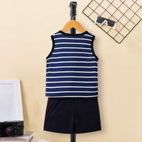 Boys Blue Striped Graphic Printed Vest With Shorts Set 2 pc. Sets