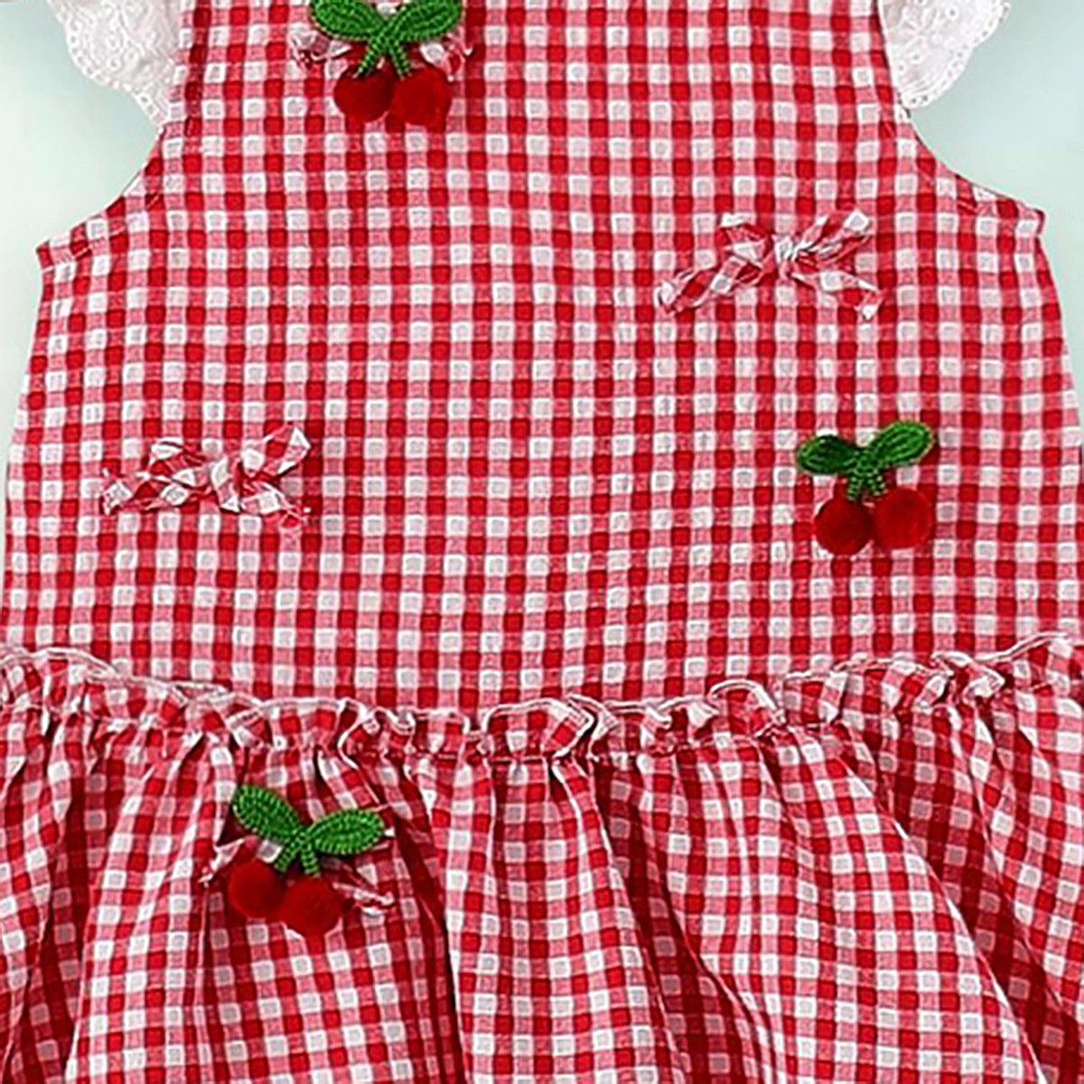 Girls Red Checked Flutter Sleeve Balloon Dress With Bow Details Casual Dresses