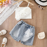 Girls White 3d Flowers Applique Crop Top With Denim Skorts Set Sets White 3-4 Y