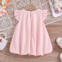 Girls Light Pink Floral Applique Flutter Sleeve Balloon Dress Casual Dresses