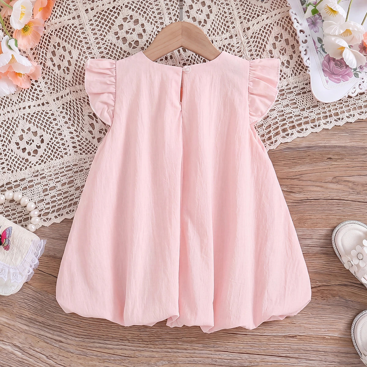 Girls Light Pink Floral Applique Flutter Sleeve Balloon Dress Casual Dresses