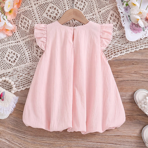 Girls Light Pink Floral Applique Flutter Sleeve Balloon Dress Casual Dresses