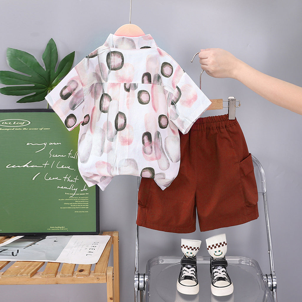 Boys Contrast Front Pocket Printed Shirt With Brown Shorts Set 2 pc. Sets