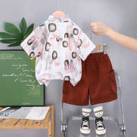 Boys Contrast Front Pocket Printed Shirt With Brown Shorts Set 2 pc. Sets