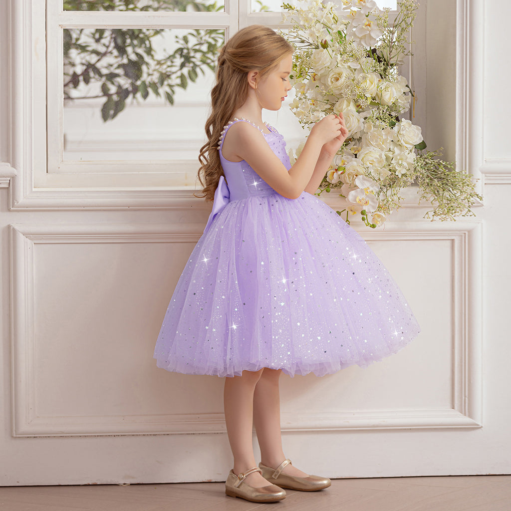Girls Lilac Glitter Tulle Party Dress with Beaded Straps Party Dresses