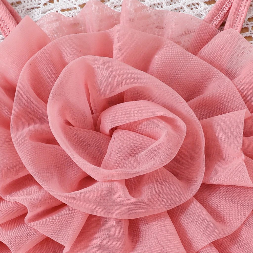 Girls Peach Big Flower Applique Crop Top With Tiered Tulle Skirt Sets Sets