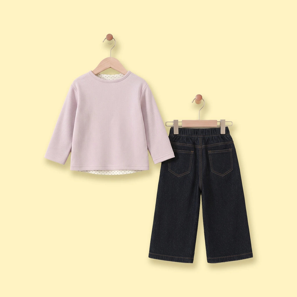 Girls Purple Polka Dot Printed Top With Denim Pants Sets Sets