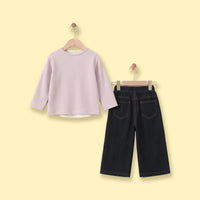 Girls Purple Polka Dot Printed Top With Denim Pants Sets Sets