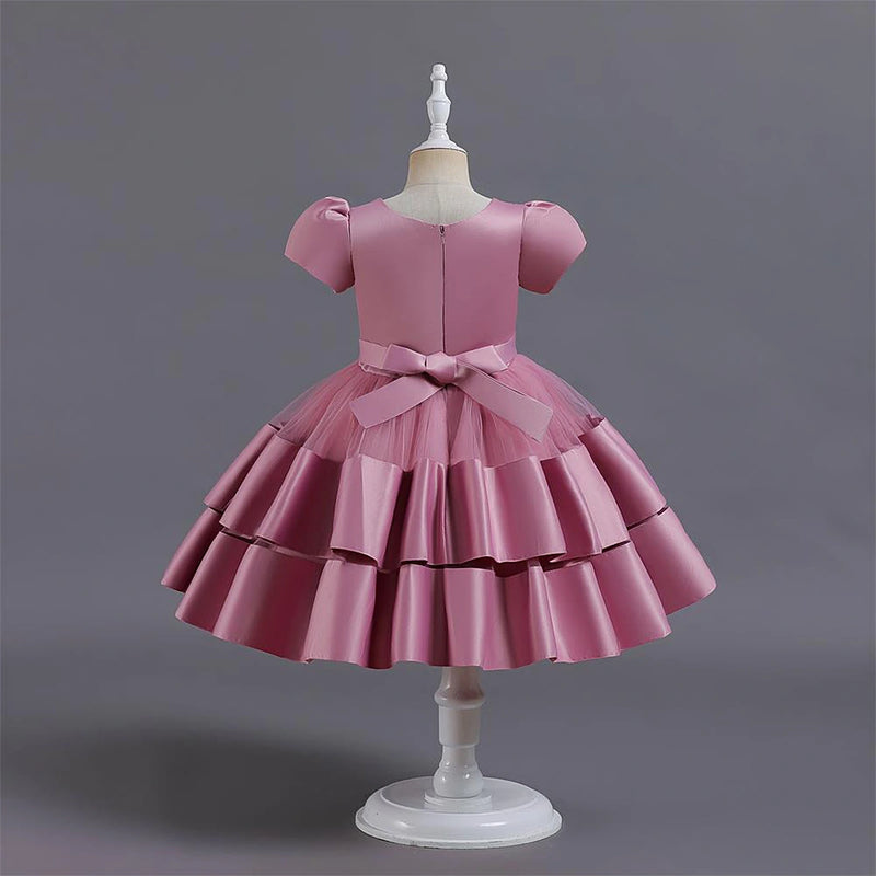 Girls Pink Puff Sleeve Ruffle Layered Party Wear Dress Party Dresses