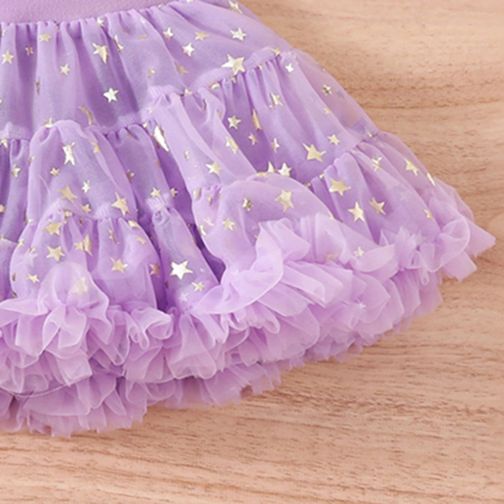 Girls Purple Big Flower Applique Crop Top With Star Printed Tiered Tulle Skirt Sets Sets