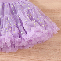 Girls Purple Big Flower Applique Crop Top With Star Printed Tiered Tulle Skirt Sets Sets