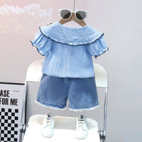 Girls Blue Flower Applique Top With Shorts Set Sets   