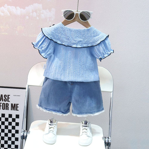 Girls Blue Flower Applique Top With Shorts Set Sets   