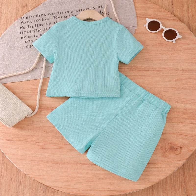 Girls Sea Green Floral Applique Short Sleeve Top With Shorts Sets 2 pc. Sets