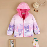 Girls Light Pink Kuromi Cartoon Printed Reversible Hooded Zipper Jacket