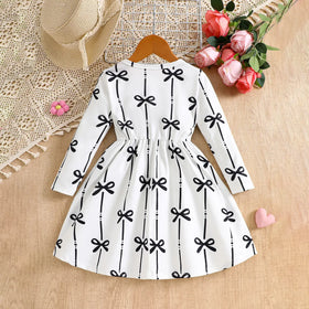 Girls White Bow Printed Long Sleeves Fit & Flare Dress Casual Dresses