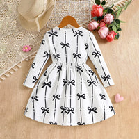 Girls White Bow Printed Long Sleeves Fit & Flare Dress Casual Dresses