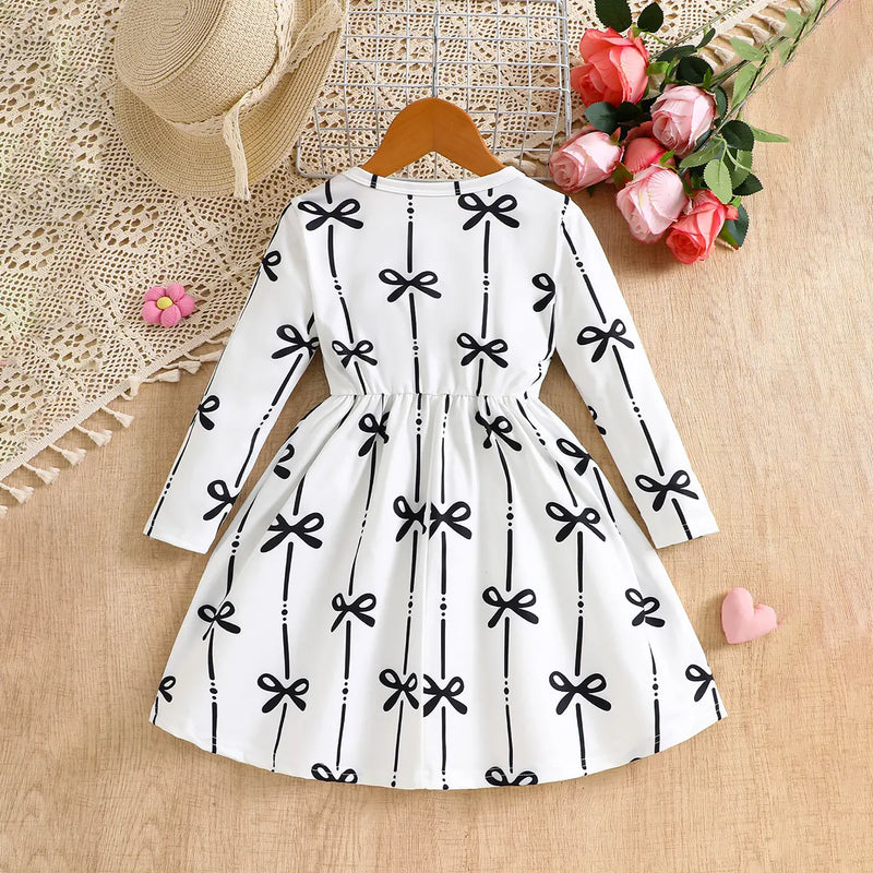 Girls White Bow Printed Long Sleeves Fit & Flare Dress Casual Dresses
