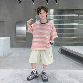 Boys Pink Striped Oversized T-Shirt With Shorts Sets Sets Pink 5-6 Y